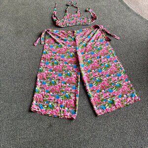 Rayon pink and blue floral print wide-leg pants and matching halter crop top